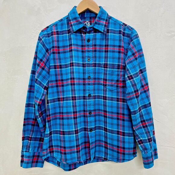 Vintage 90s Plaid Flannel Shirt Mens Small Womens Medium Plaid Flannel Blue Red - Picture 1 of 16